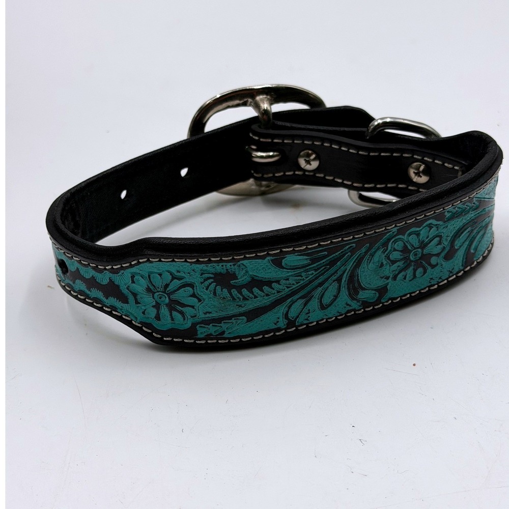 Myra Durango Daisy Dog Collar Turquoise Tooled Leather Western Black Small